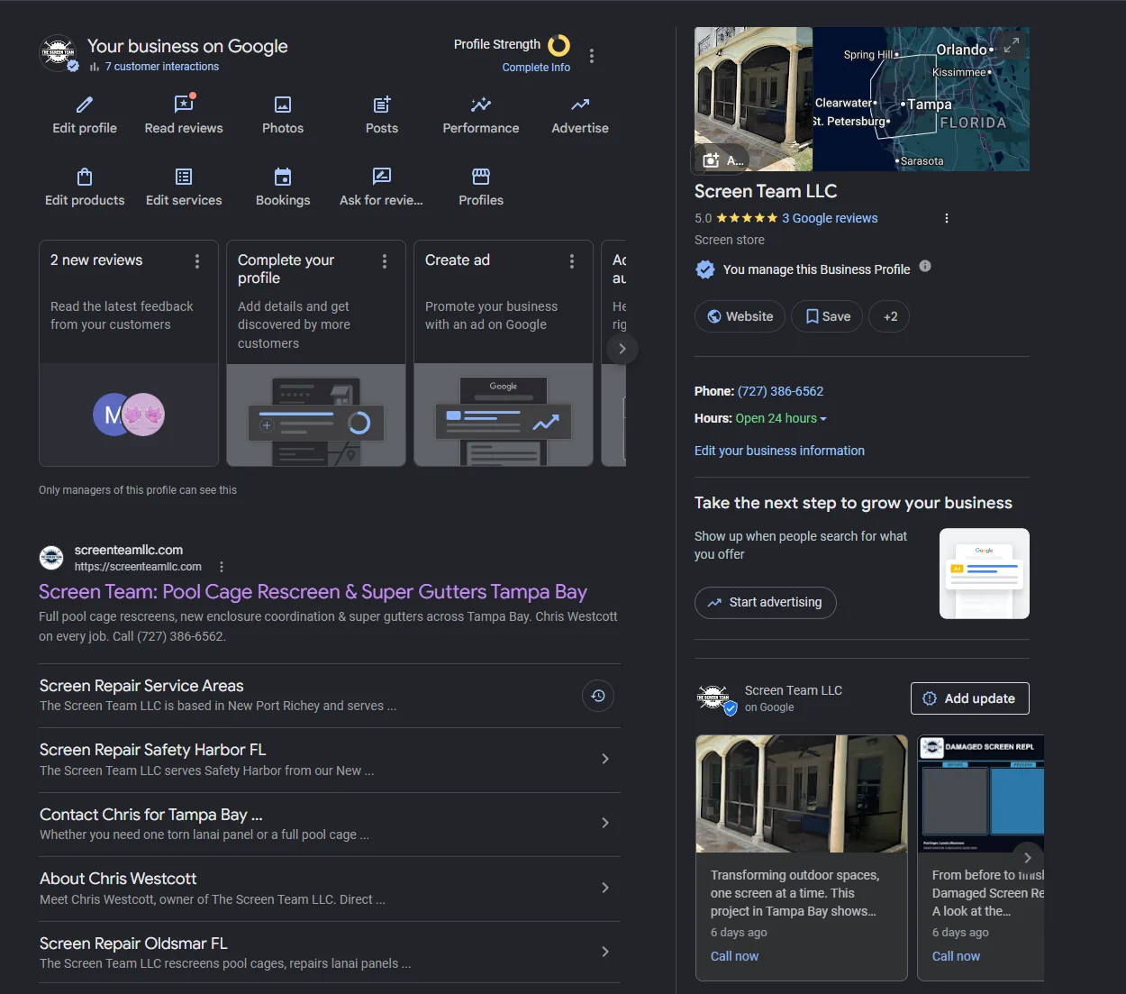Screen Team Google Business Profile — category, services, and posts for a Tampa Bay pool enclosure brand