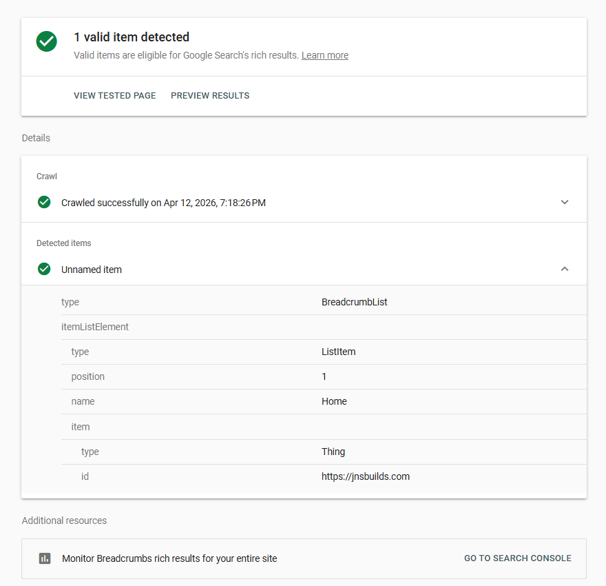 JNS Rich Results Test — Breadcrumb schema valid