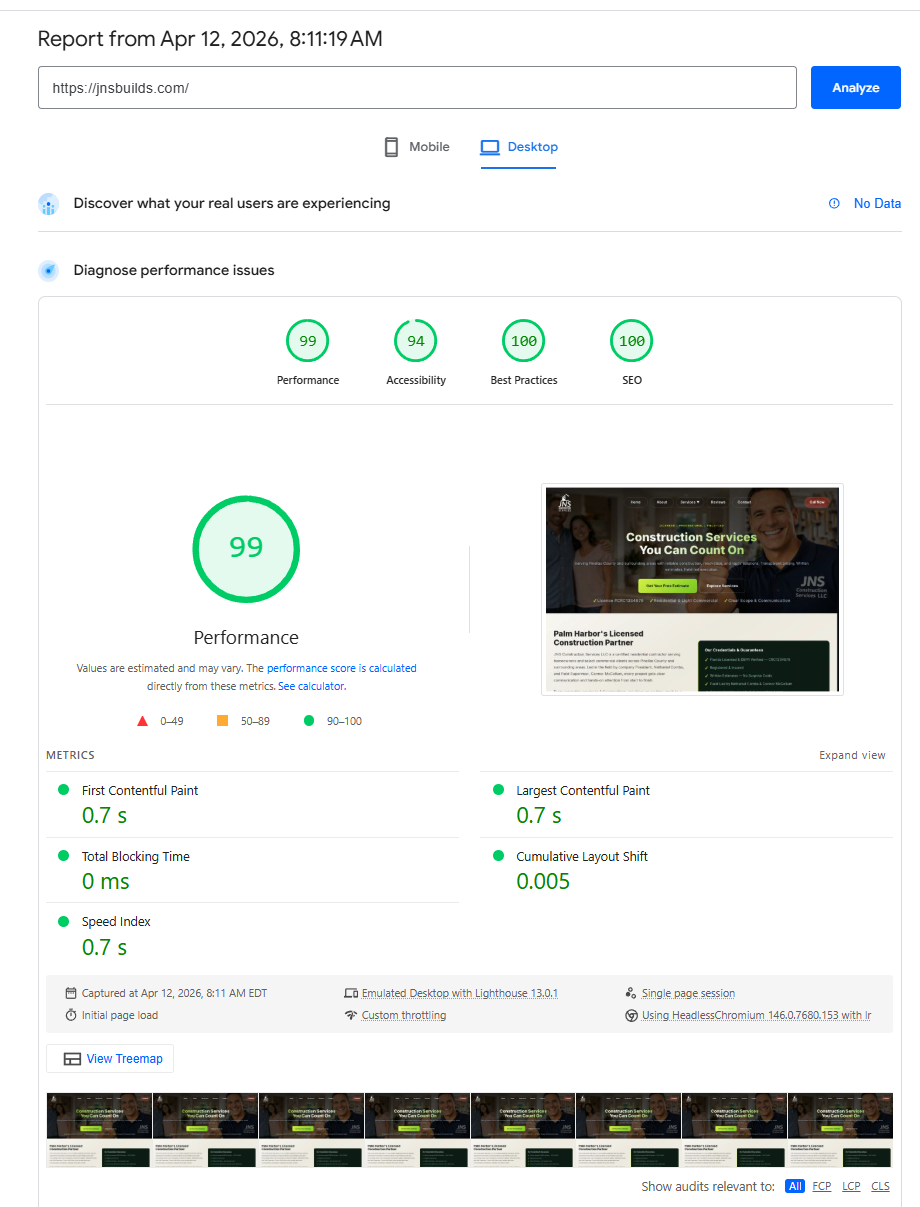 JNS Construction PageSpeed Insights Desktop — 99 Performance, 94 Accessibility, 100 Best Practices, 100 SEO