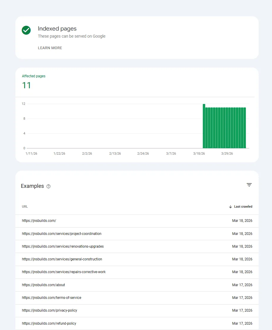 JNS Construction Google Search Console indexing report