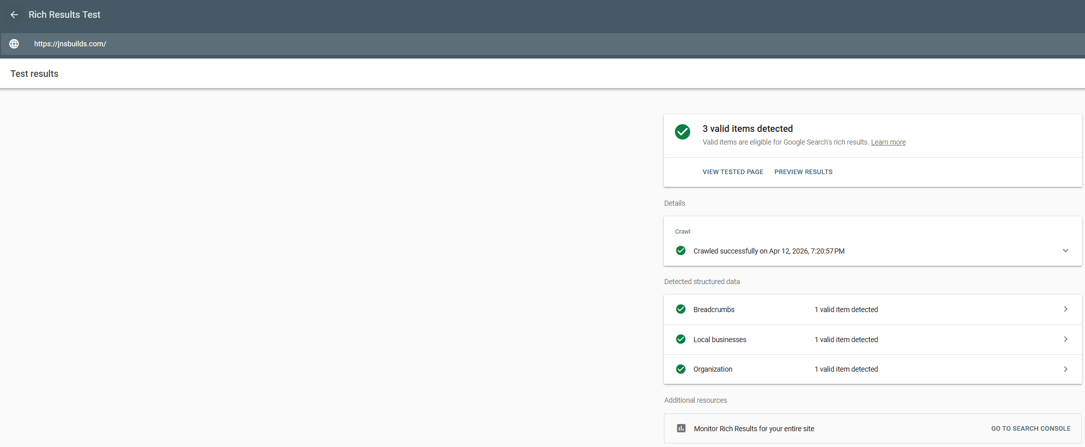 JNS Rich Results Test — valid items detected