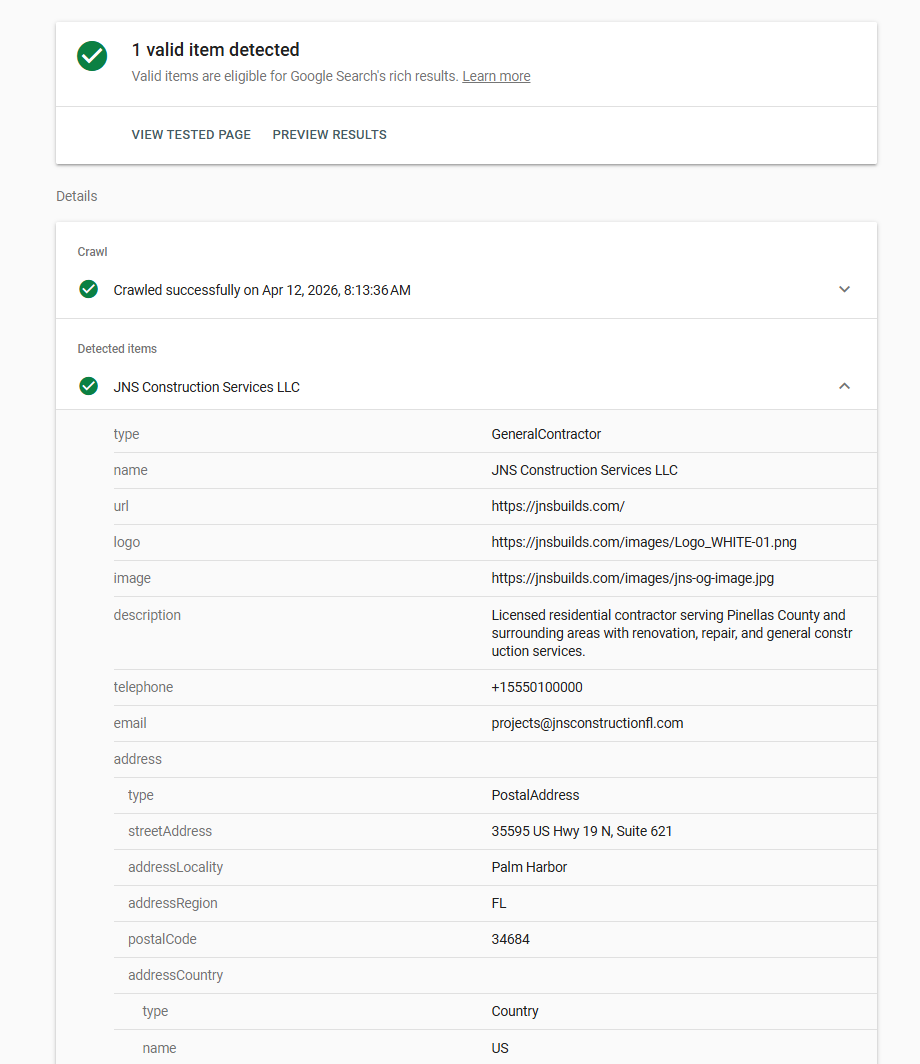JNS Rich Results Test — Organization schema valid