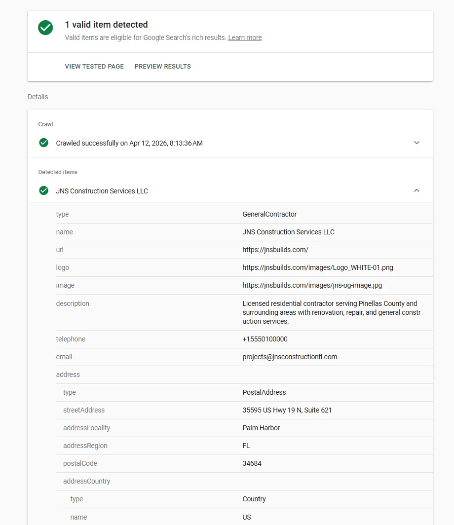 Rich Results Test showing valid Organization schema for jnsbuilds.com