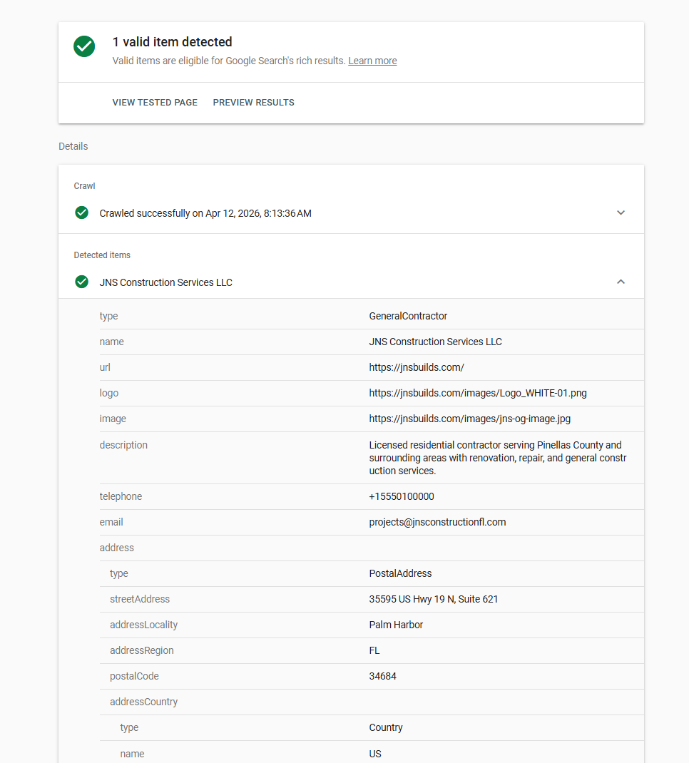 JNS Rich Results Test — Local Business schema valid