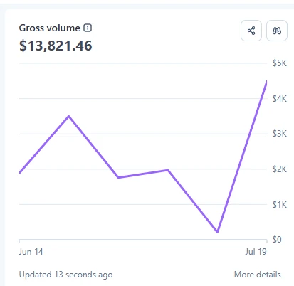 Knight Group Stripe Gross volume — $13,821.46 over a recent mid-June to mid-July operating window