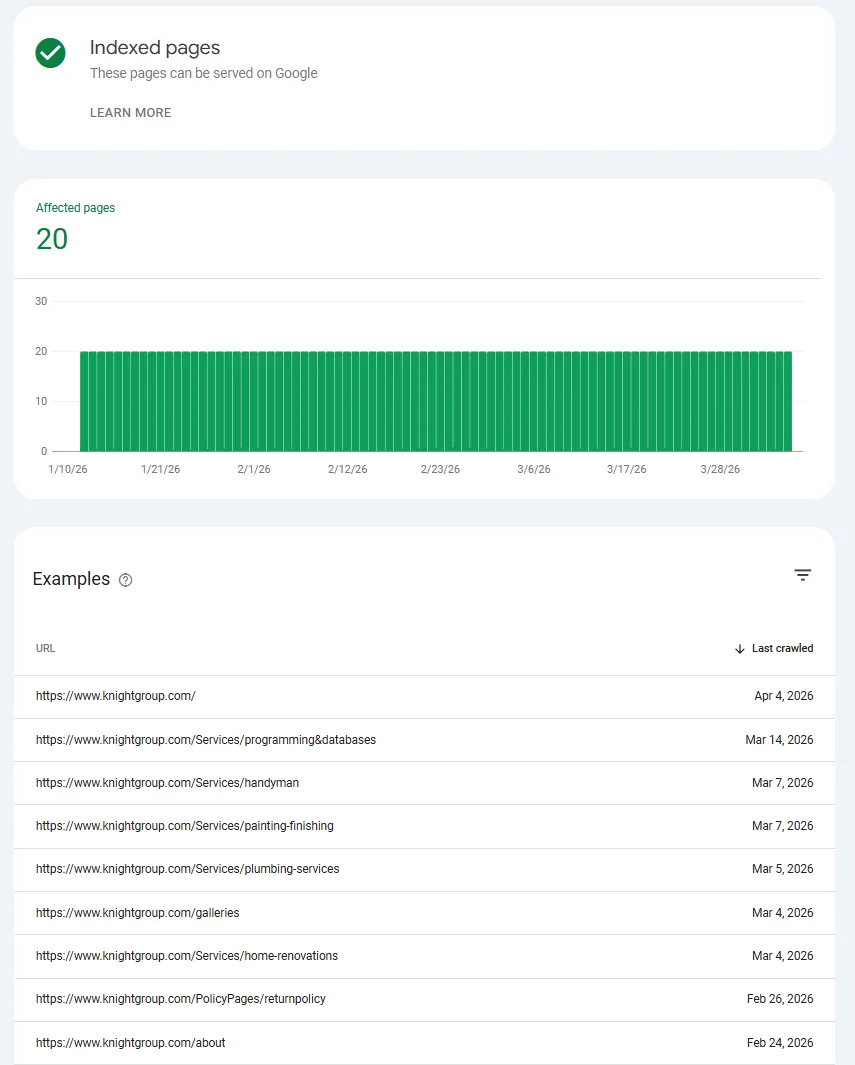 Knight Group Google Search Console indexing coverage