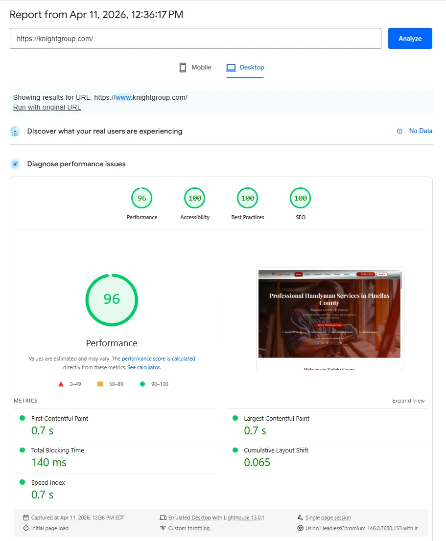 Knight Group mobile PageSpeed Insights lab report