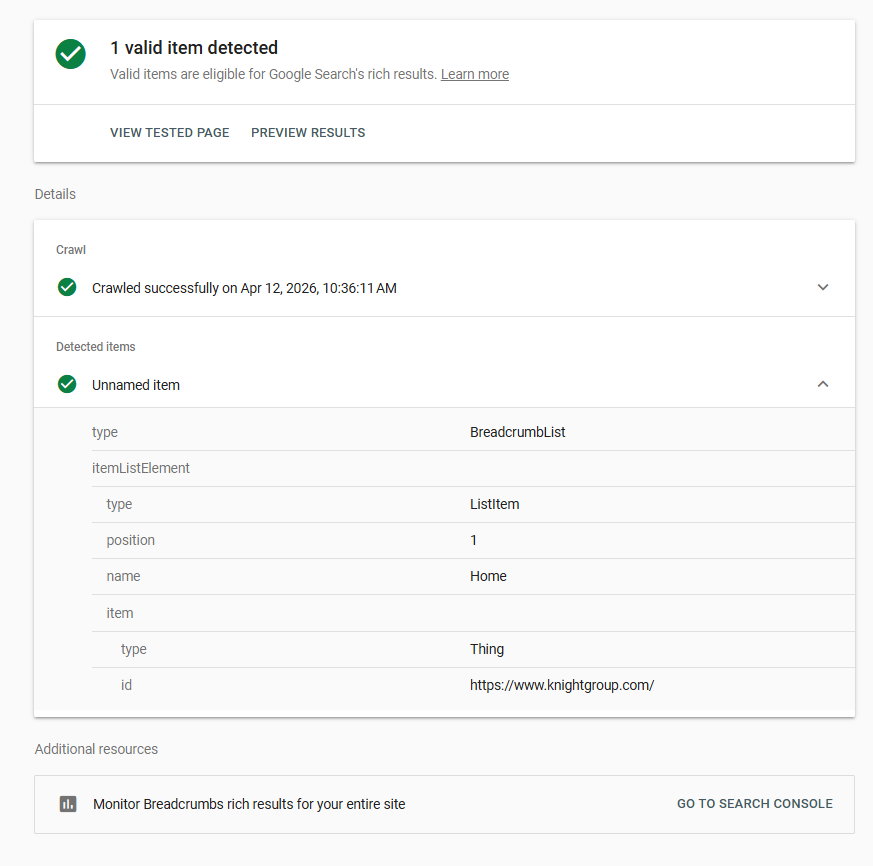 Knight Group Rich Results Test — Breadcrumb schema valid