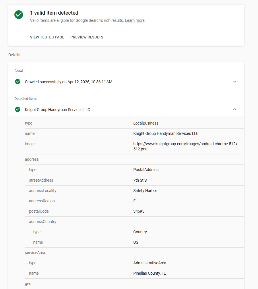 Knight Group Rich Results Test — Local Business schema valid