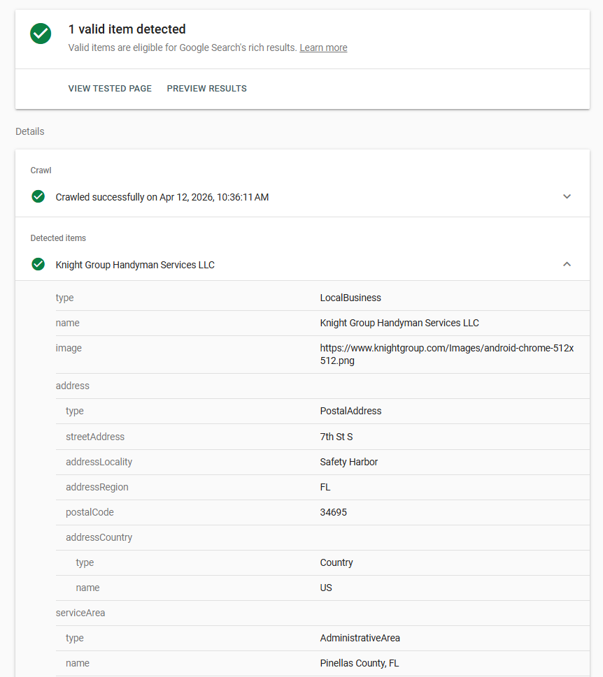Knight Group Rich Results Test — Organization schema valid