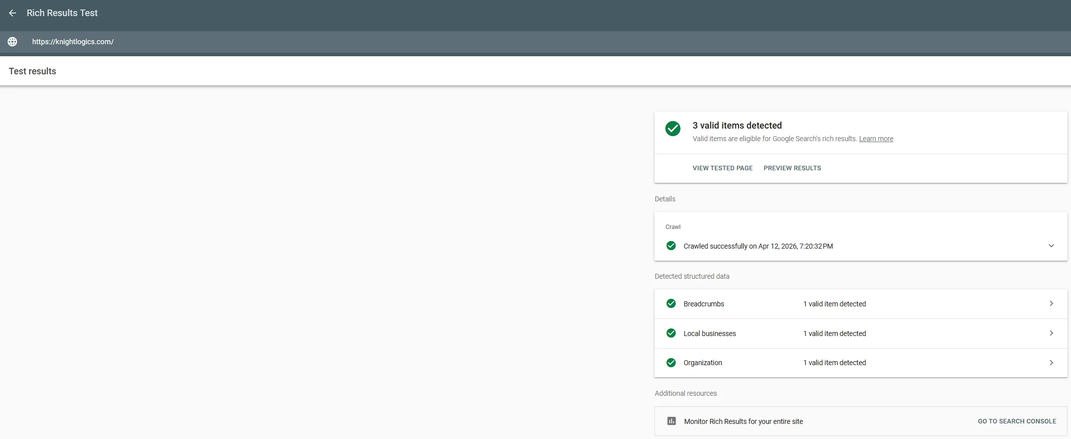 Knight Logics Rich Results snapshot panel