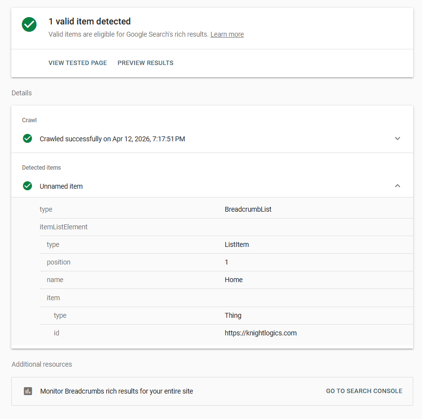 Knight Logics Rich Results Test — Breadcrumb schema valid