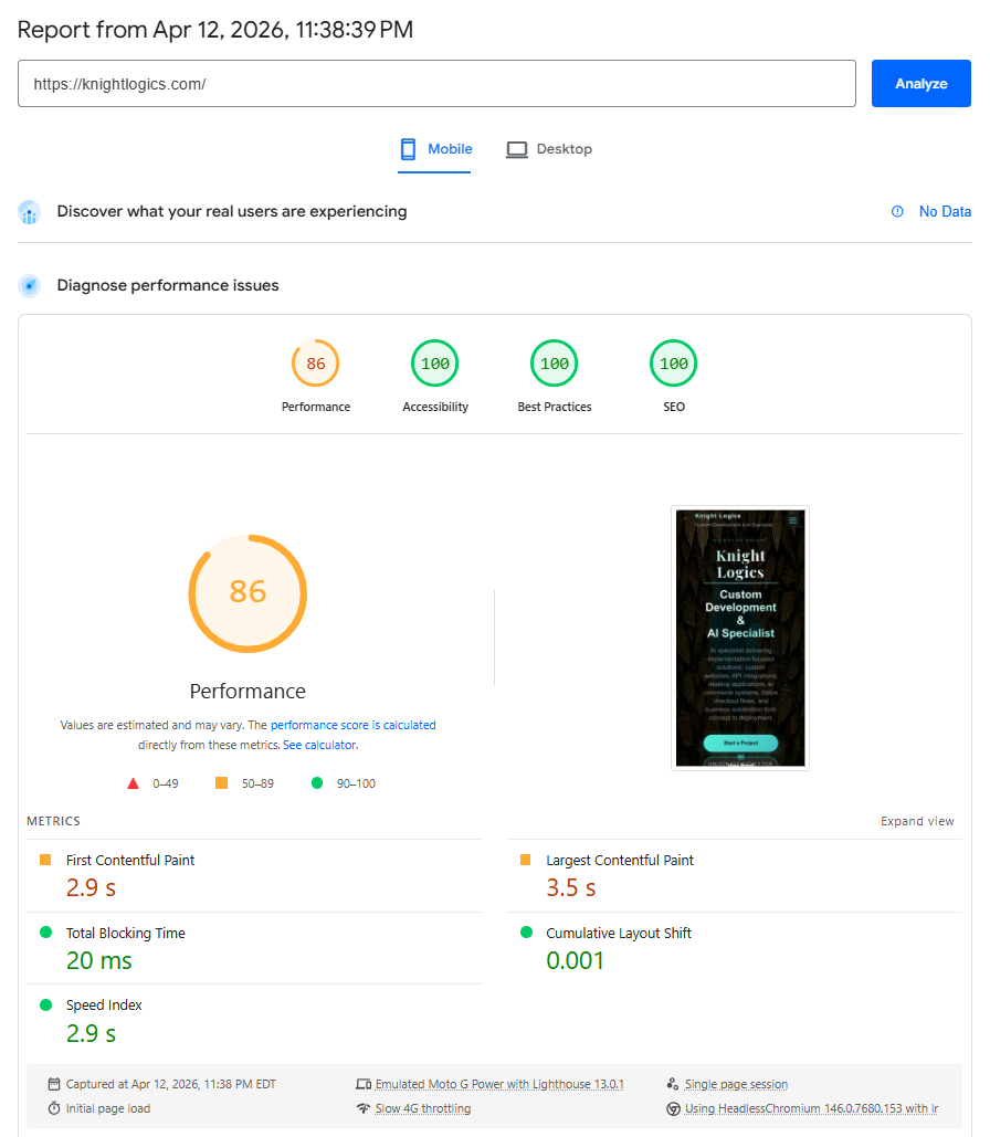 Knight Logics PageSpeed Insights Mobile — 86 Performance, 100 Accessibility, 100 Best Practices, 100 SEO