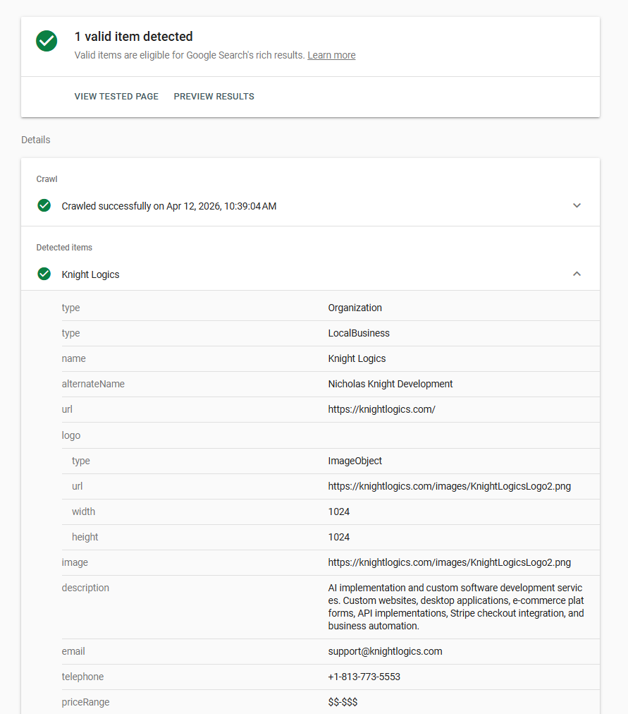Knight Logics Rich Results Test — Local Business schema valid