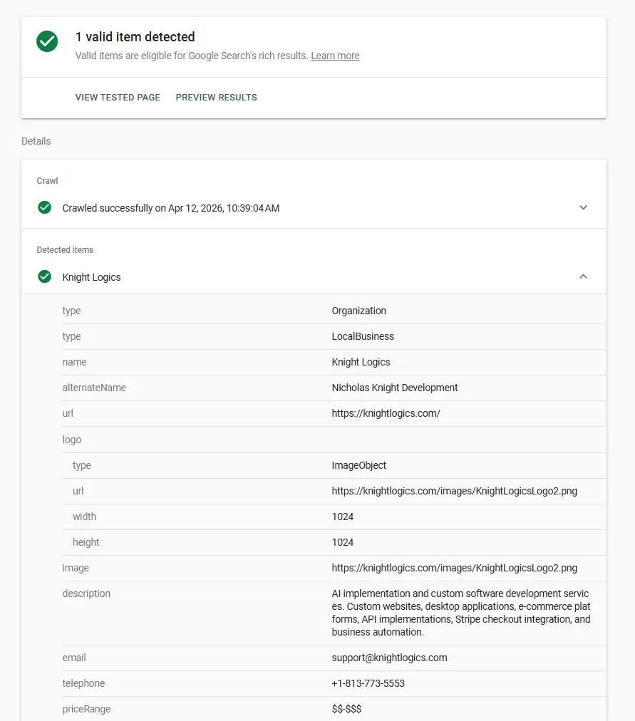 Knight Logics Rich Results Test &mdash; Local Business schema valid