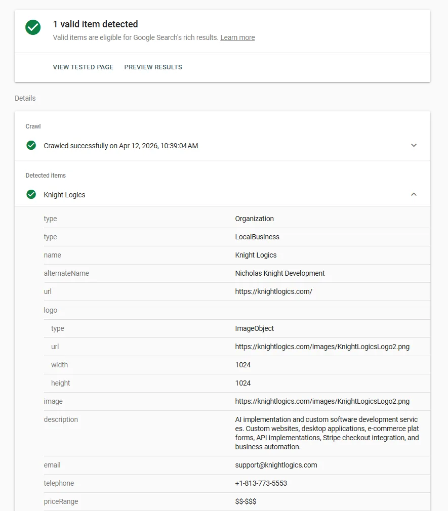 Knight Logics Rich Results Test &mdash; Organization schema valid