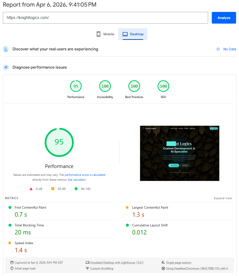 Knight Logics PageSpeed Insights Desktop — 95 Performance, 100 Accessibility, 100 Best Practices, 100 SEO