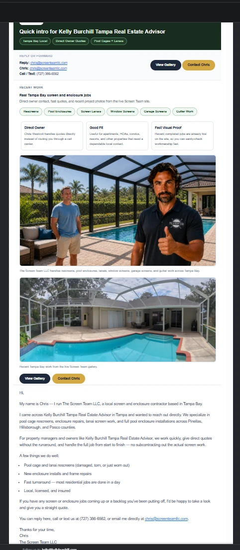 Screen Team branded outreach email — gallery CTAs, recent job proof, and owner contact for a Tampa Bay real-estate advisor intro