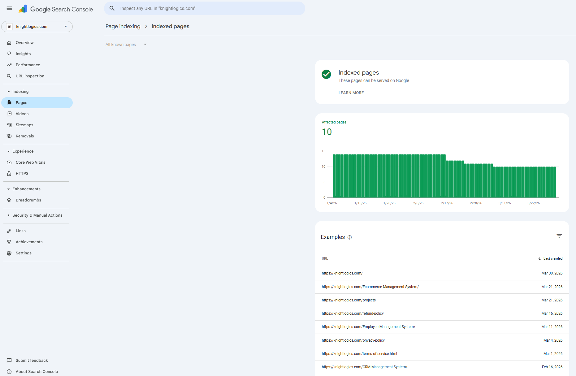 Google Search Console showing knightlogics.com indexed pages