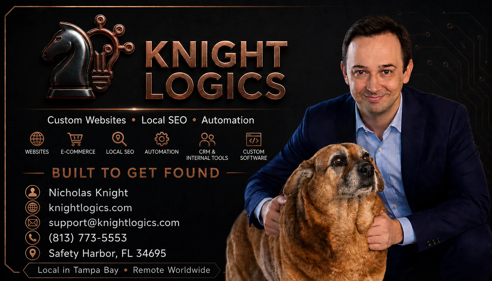 Knight Logics business card — Built to Get Found branding with websites, local SEO, automation, and Tampa Bay contact details