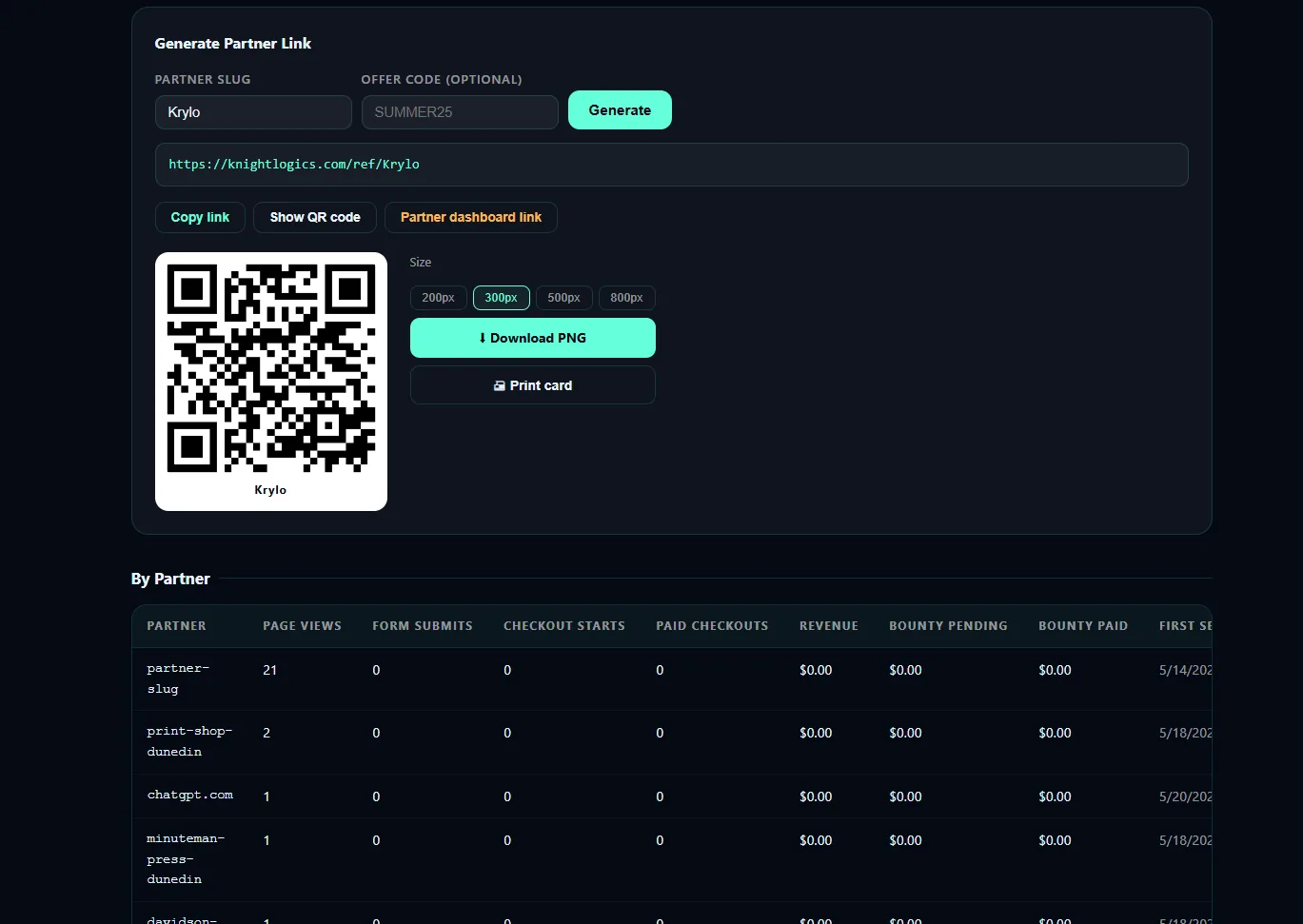 Referral QR code generation inside the Knight Command Referrals tab