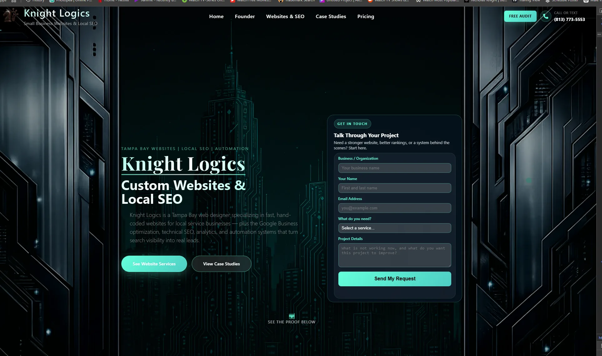 Knight Logics marketing site homepage — hand-coded growth hub