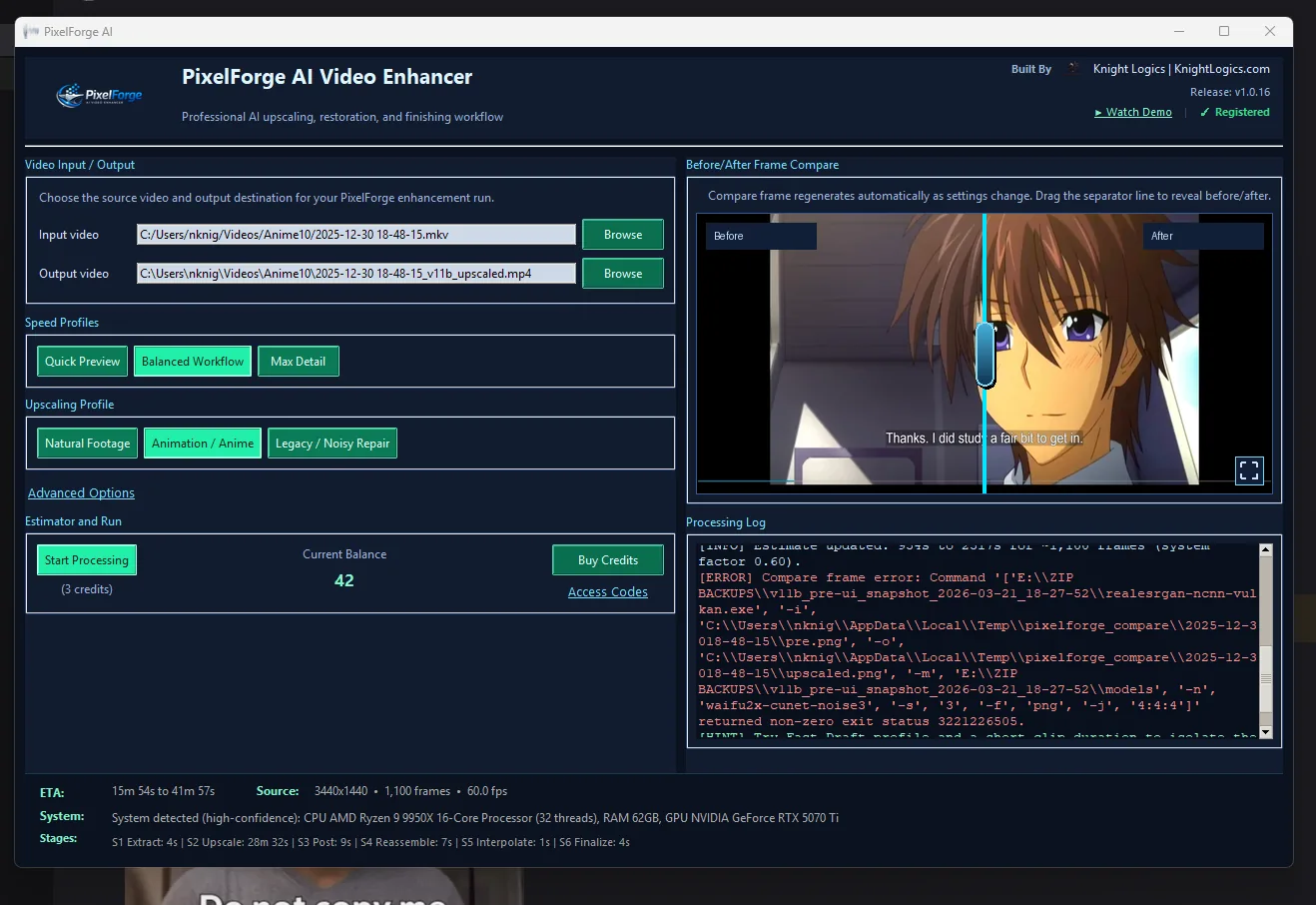 PixelForge AI Video Enhancer desktop GUI — engine selection and render controls