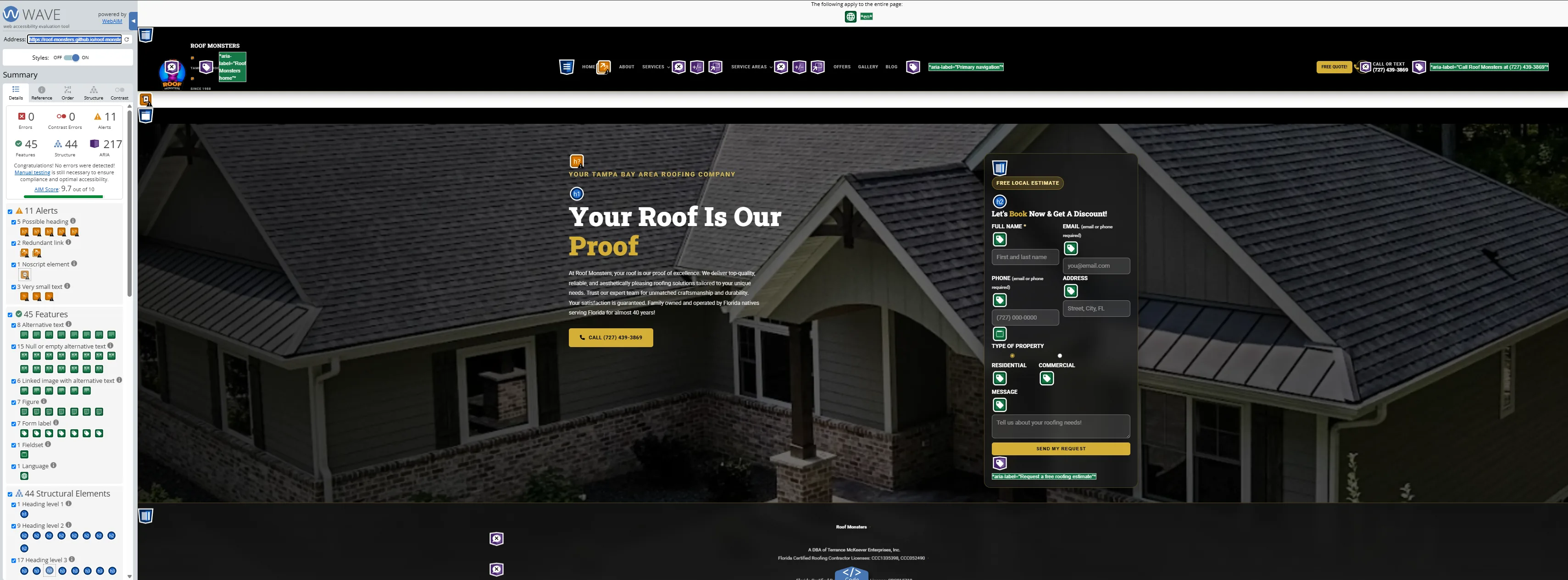 Roof Monsters homepage with estimate-first roofing growth site