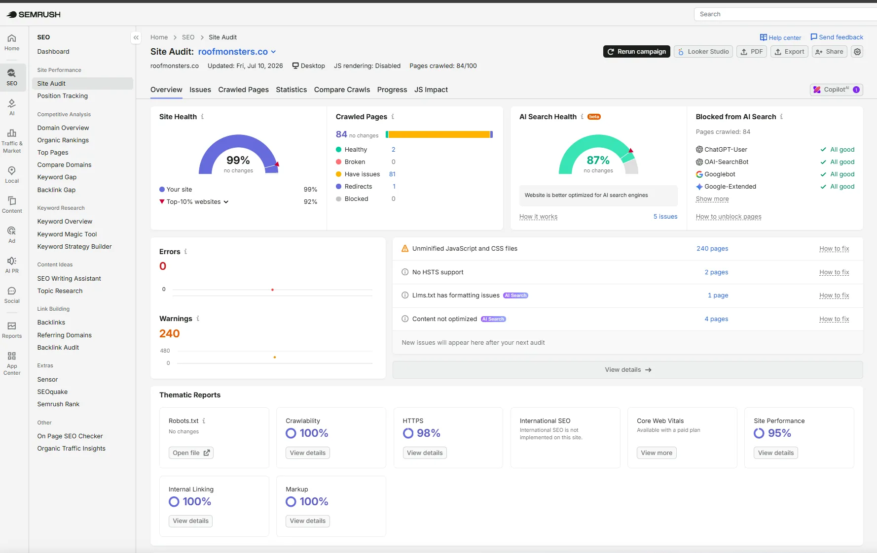 Semrush site audit showing 99 percent site health for roofmonsters.co