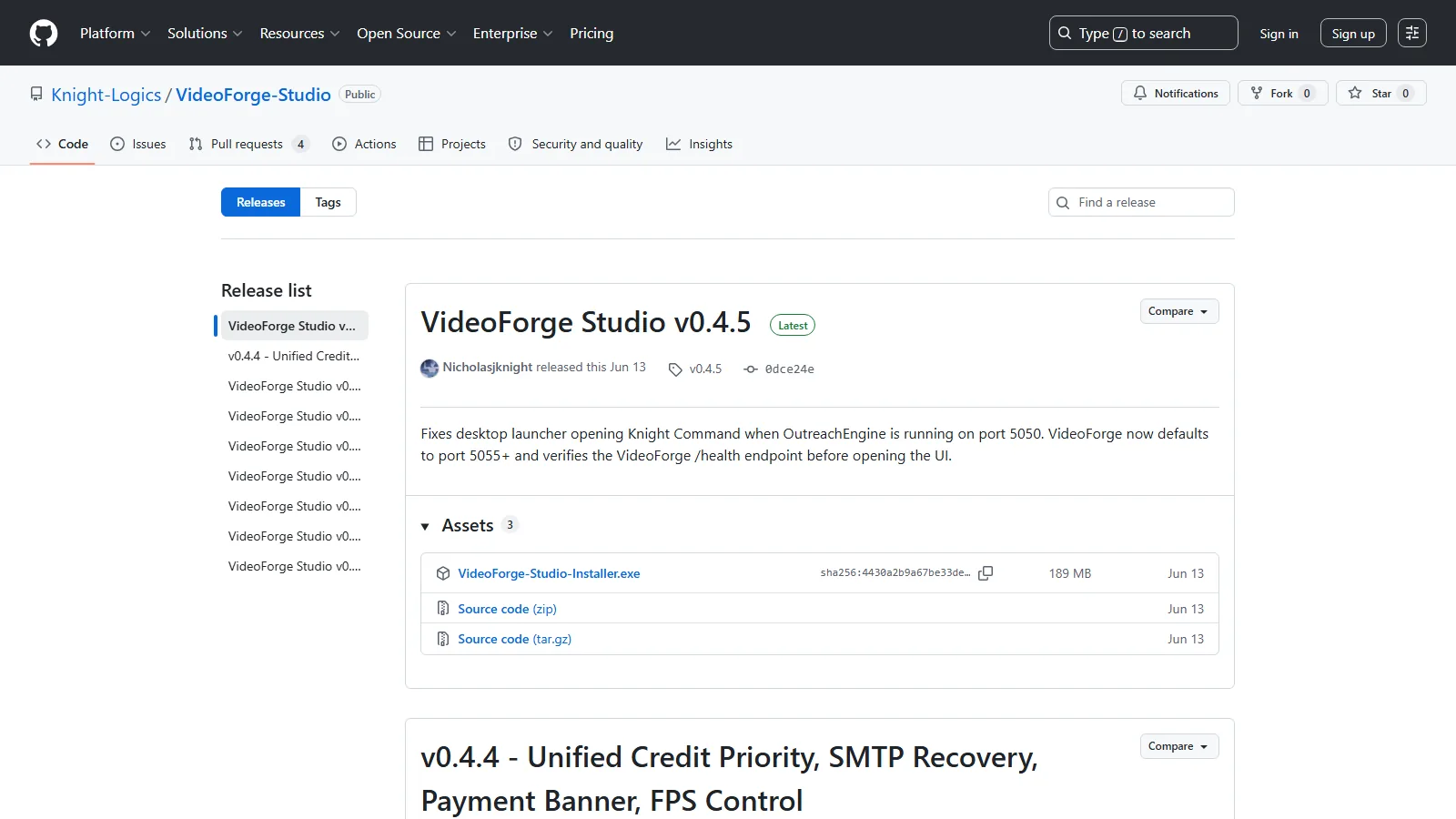 GitHub Releases page for VideoForge Studio