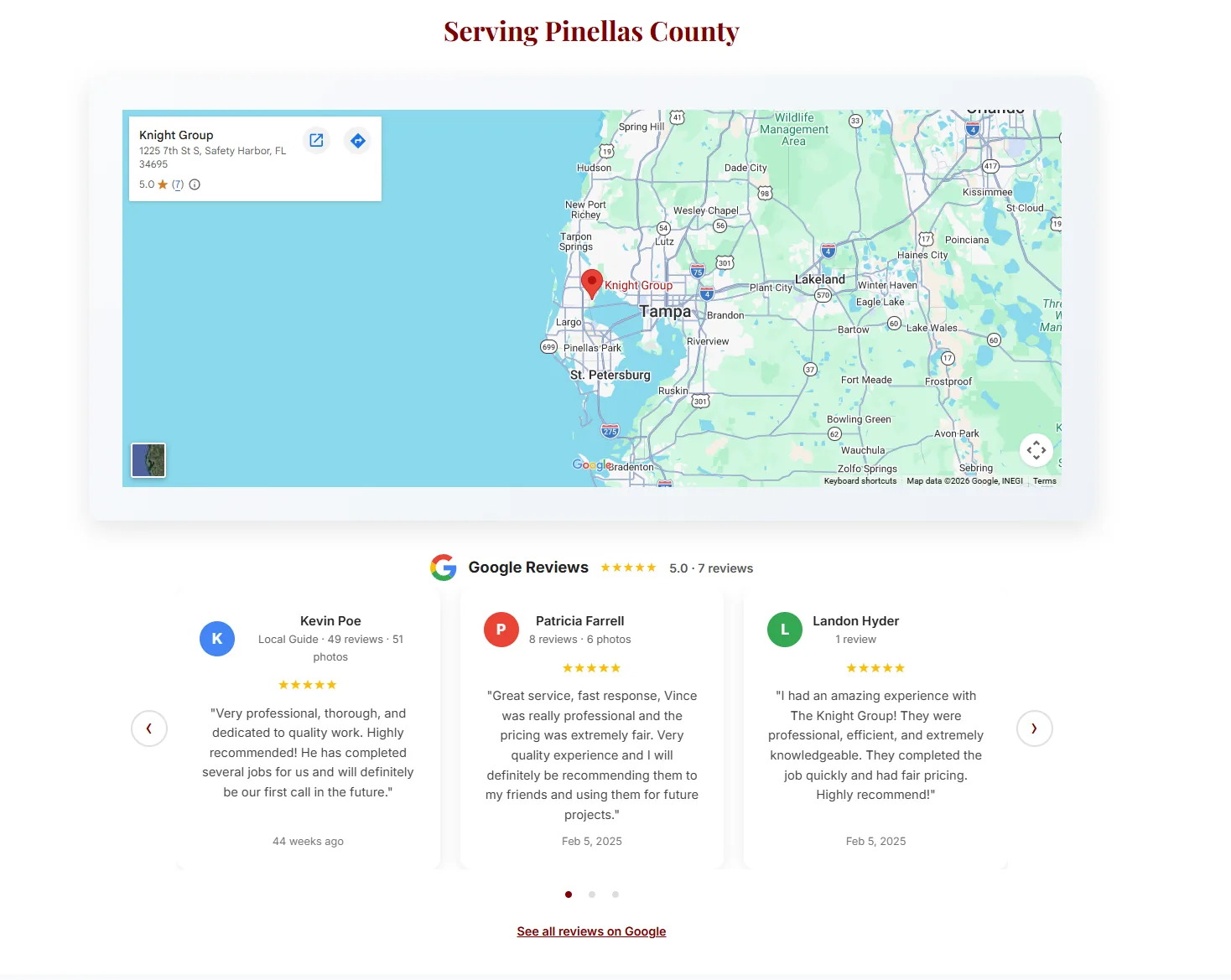 Embedded map and reviews carousel on a service business website