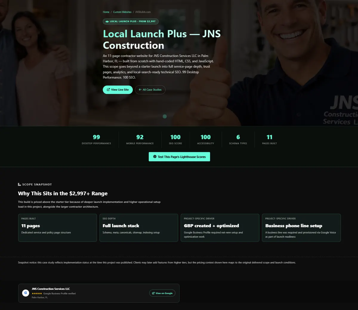 JNS Construction website &mdash; contractor site with service-specific structure and local SEO foundation