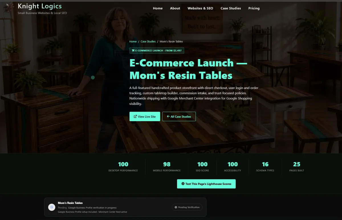 Mom's Resin Tables website &mdash; custom e-commerce style build with clean structure and fast load times