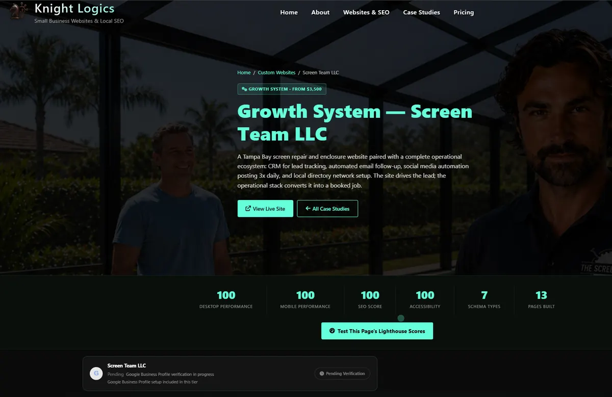 Screen Team LLC website &mdash; custom-coded service site for a Tampa Bay screen repair company