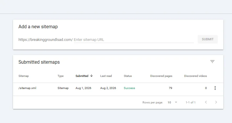 Google Search Console submitted sitemap success — 79 discovered pages on breakinggroundlsad.com