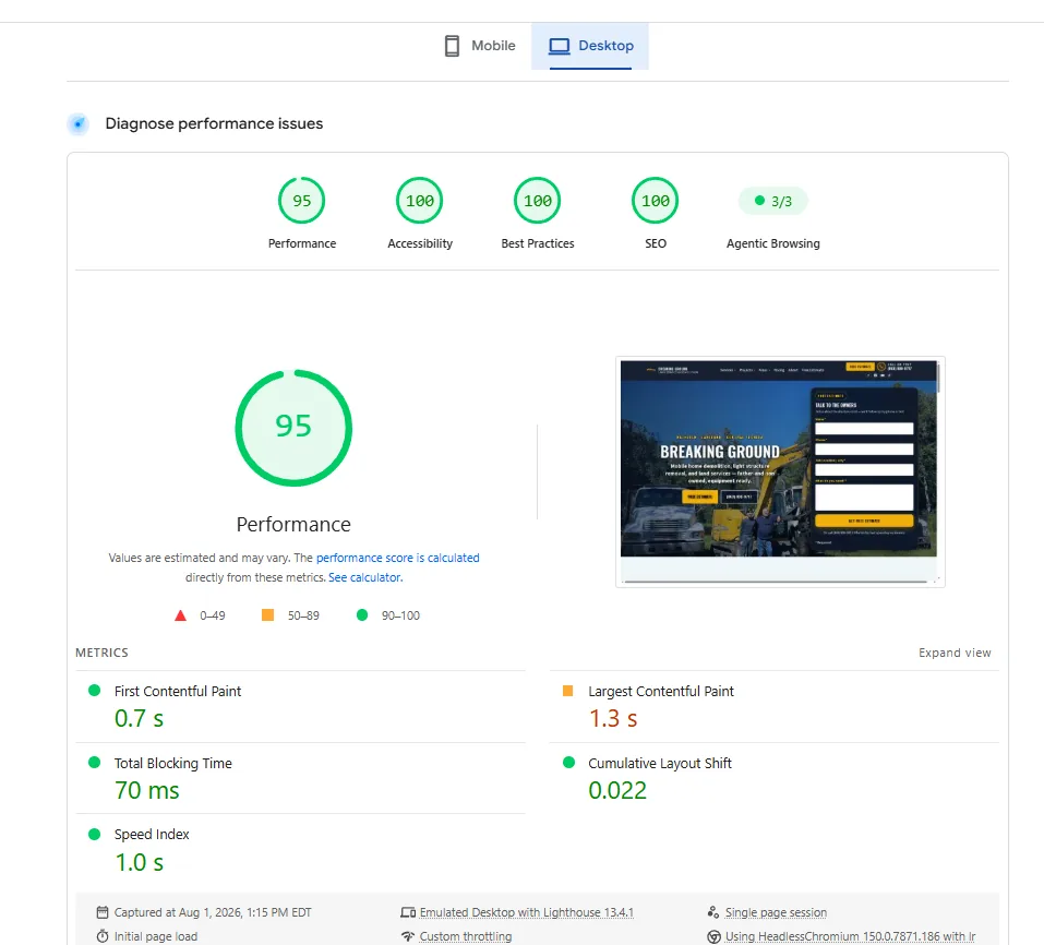 Lighthouse desktop report — Performance 95, Accessibility 100, Best Practices 100, SEO 100