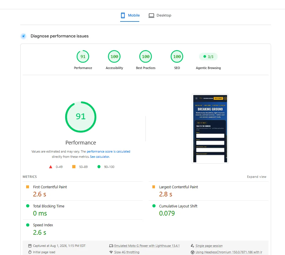 Lighthouse mobile report — Performance 91, Accessibility 100, Best Practices 100, SEO 100