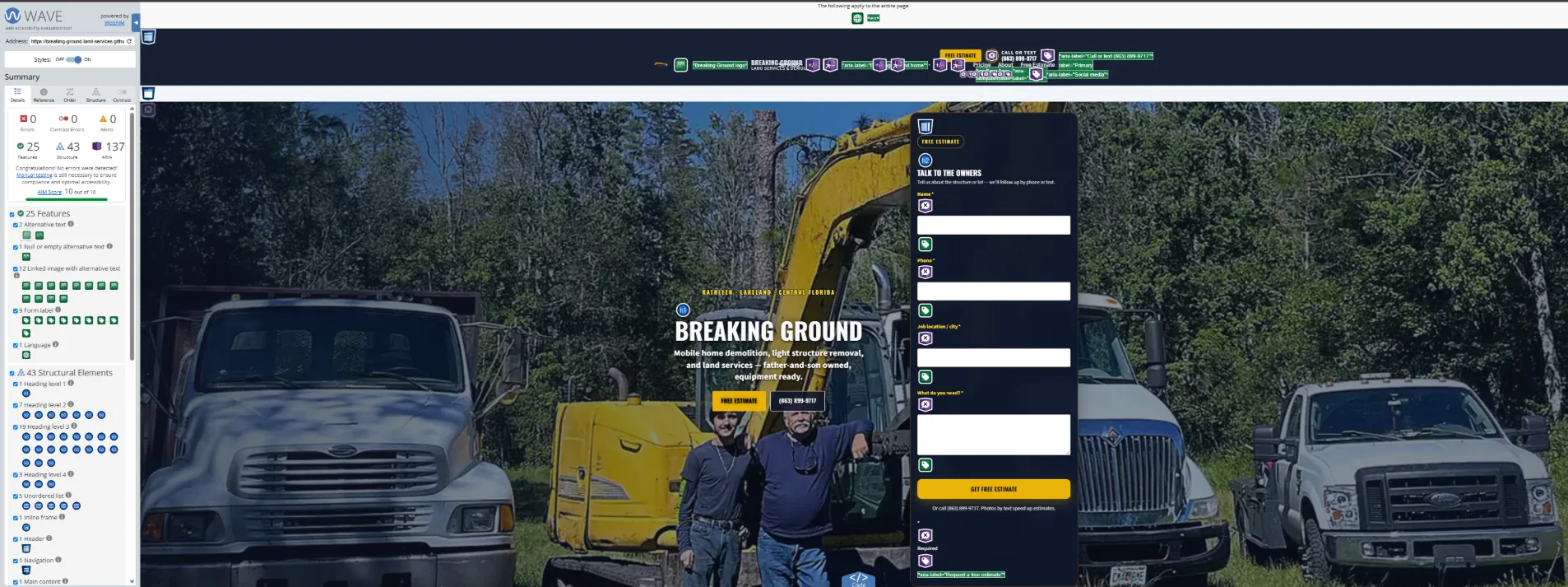 WAVE accessibility evaluation — 0 errors, 0 contrast errors on Breaking Ground homepage