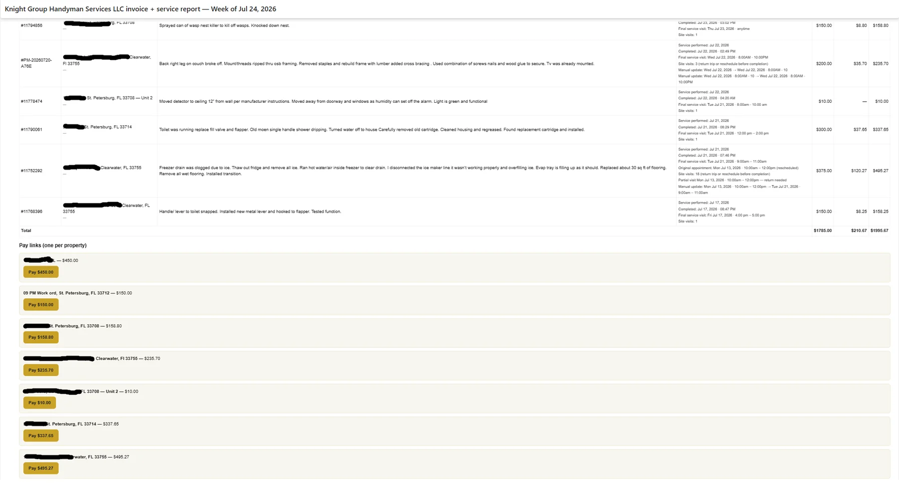 Weekly multi-job invoice email with per-property pay links