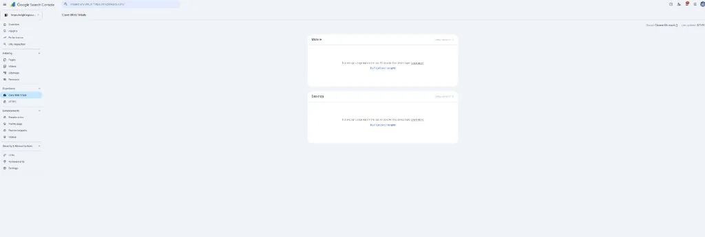 Google Search Console Core Web Vitals for knightlogics.com — mobile and desktop both show not enough usage data in the last 90 days despite rising impressions