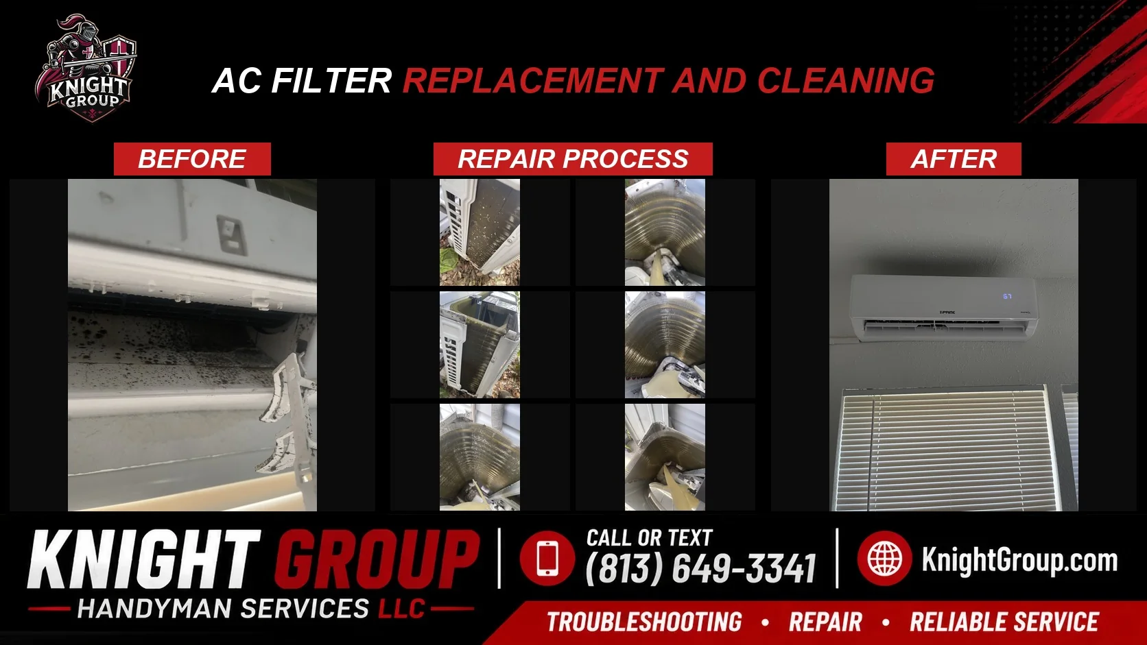 Knight Group before and after composite — AC filter replacement job from mobile field capture