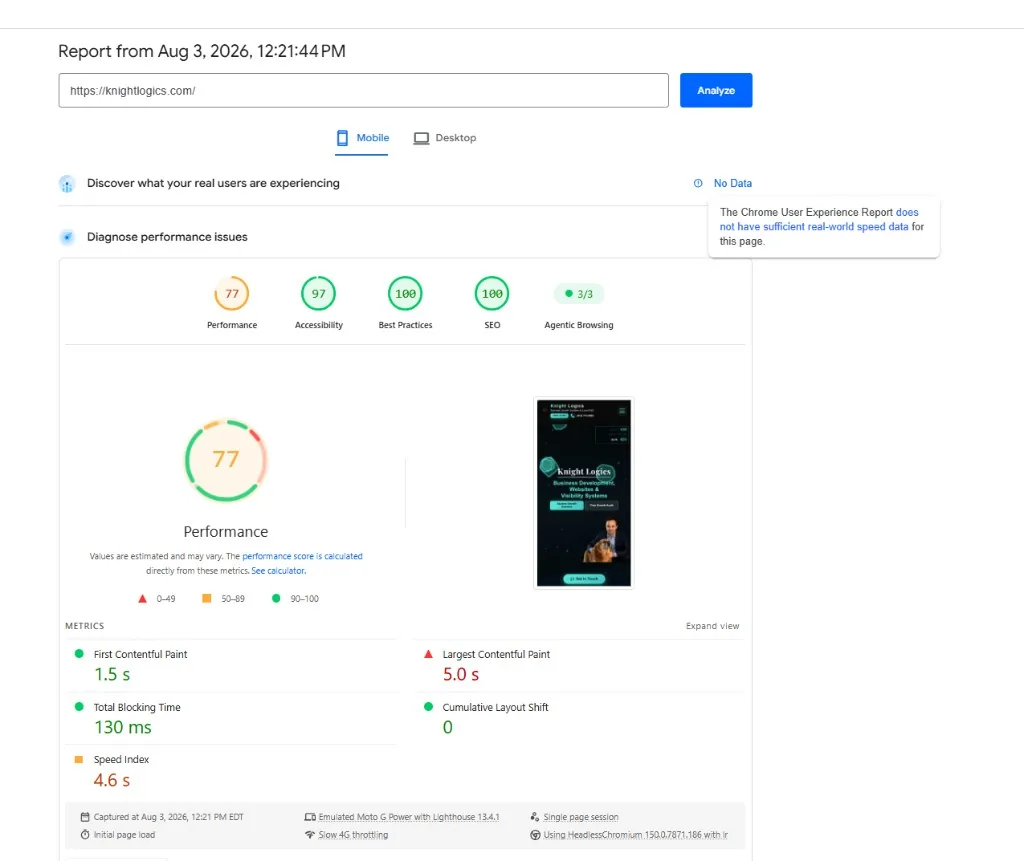 PageSpeed Insights mobile report for knightlogics.com — Chrome User Experience Report has no sufficient real-world speed data for this page while lab diagnostics still run