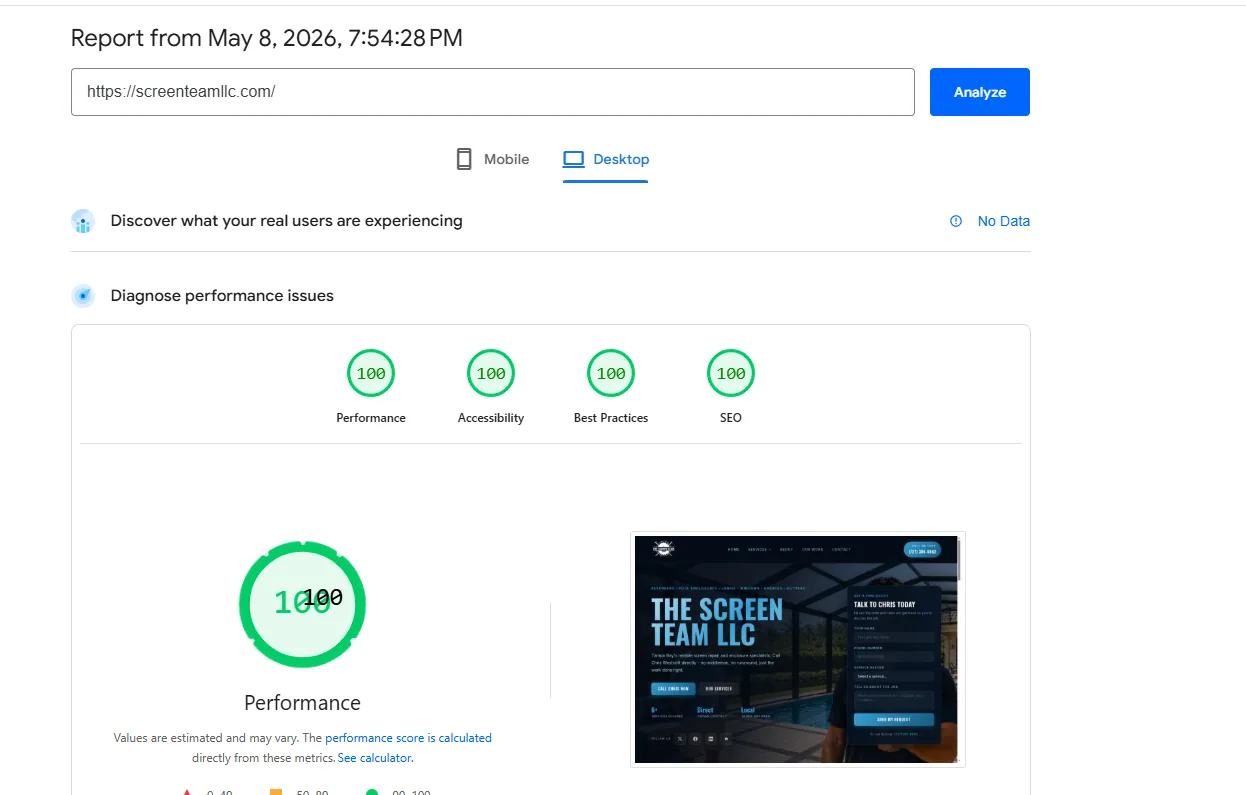 Screen Team desktop PageSpeed 100 scores