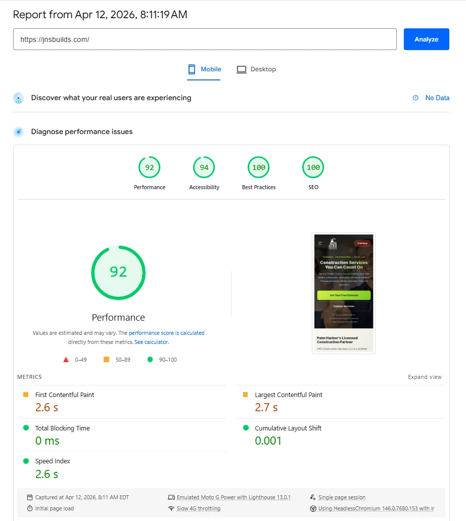 PageSpeed Insights mobile lab report for jnsbuilds.com: performance 92 under Slow 4G throttling, accessibility 94, best practices 100, SEO 100