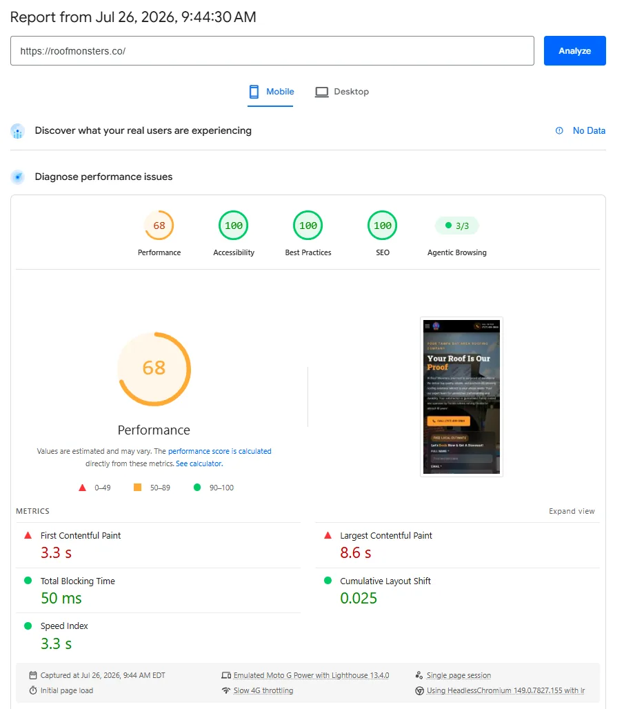 Roof Monsters mobile PageSpeed lab screenshot