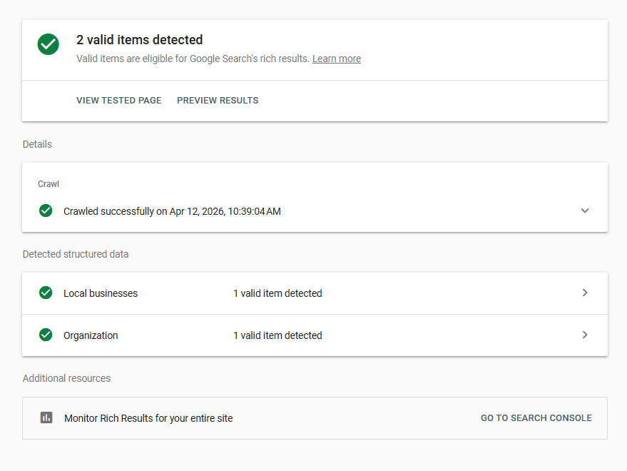Google Rich Results Test showing two valid items detected for Local business and Organization
