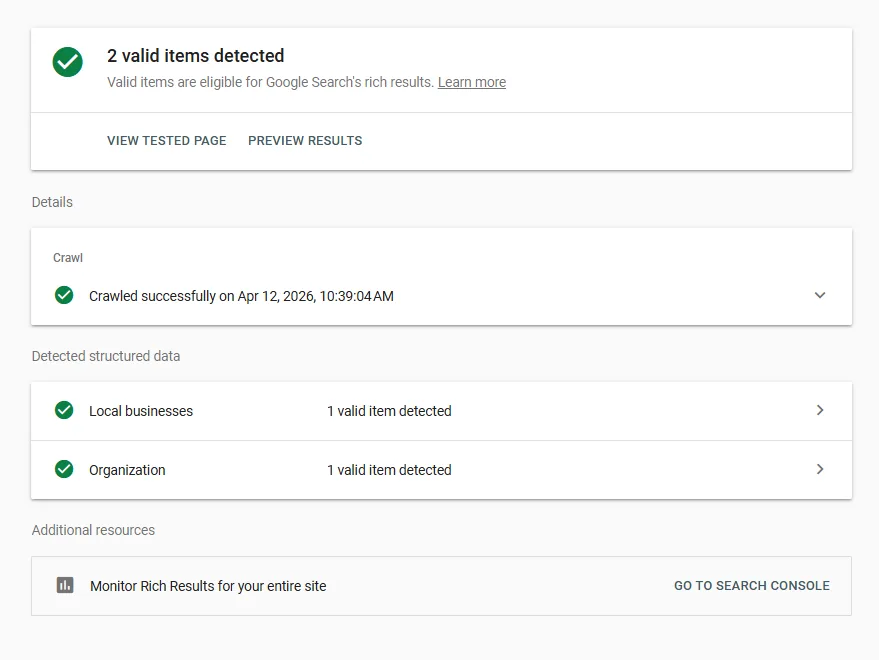 Google Rich Results Test showing valid LocalBusiness and Organization schema