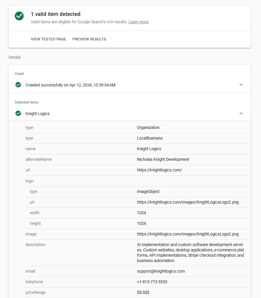 Google Rich Results Test detail view for Knight Logics Organization and LocalBusiness schema fields