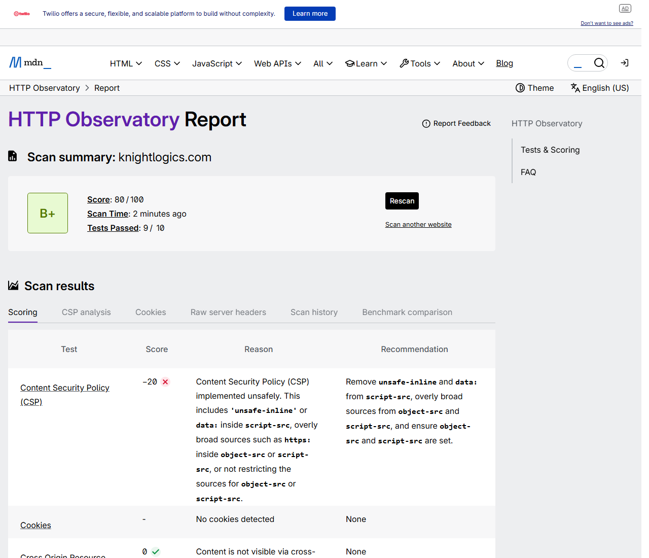 Mozilla HTTP Observatory report for knightlogics.com showing a B-plus grade and score of 80 out of 100