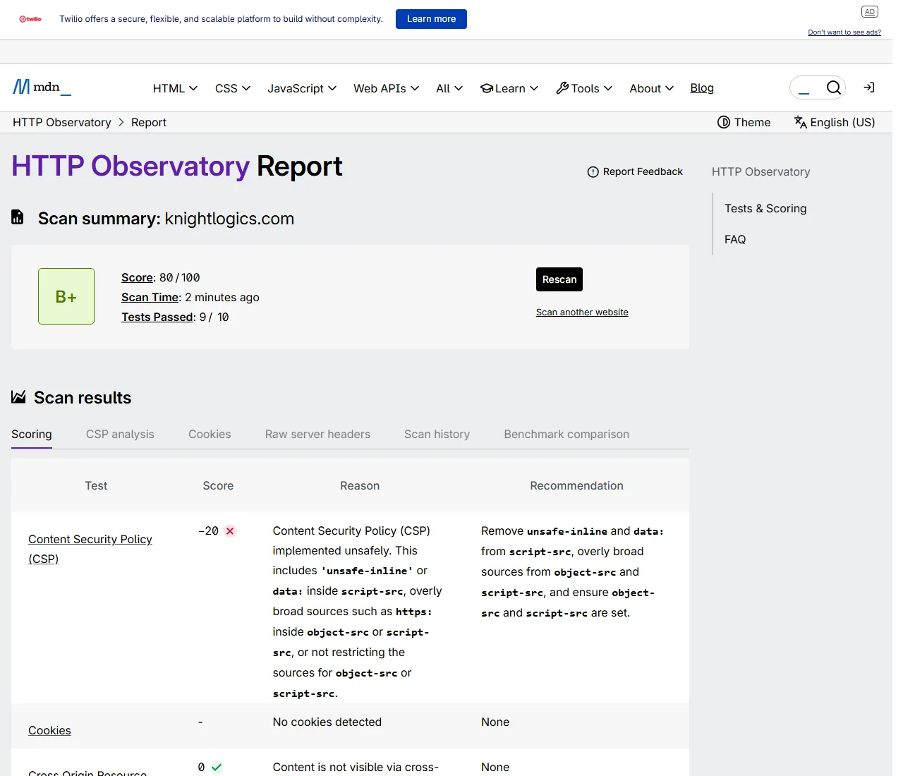 Mozilla HTTP Observatory report for knightlogics.com showing a B-plus grade and score of 80 out of 100